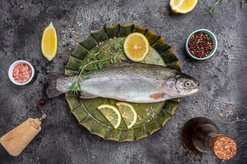 Rainbow trout. Raw fish trout with lemon. banner, menu, recipe place for text, top view