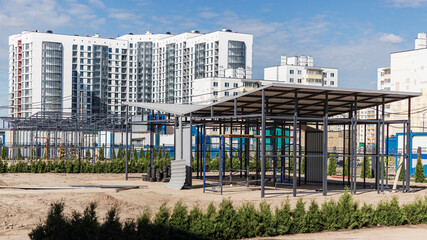 Multi-storey modern residential building. Housing construction. Residential fund. Sleeping residential area. Mortgage loans for young families.