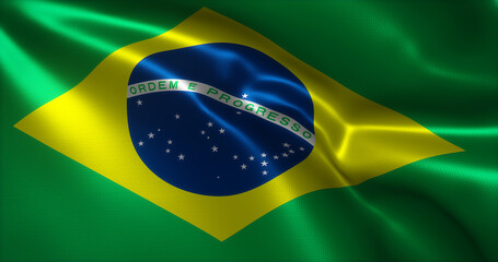 Brazil Flag, Brazilian Flag with waving folds, close up view, 3D rendering