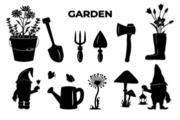 garden collection. silhouette. gnomes, lavender and chamomile iron bucket, rubber boots, dandelions, garden tools. eps format