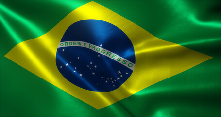 Brazil Flag, Brazilian Flag with waving folds, close up view, 3D rendering