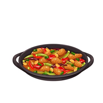 Chicken kung pao. Chinese cuisine icon. Asian food vector illustration.