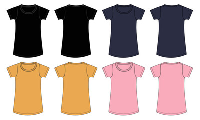 Various colors Short sleeve t shirt dress design template for baby girls. Technical fashion flat sketch Round crew neckline vector illustration mock up front, back views isolated on white background.