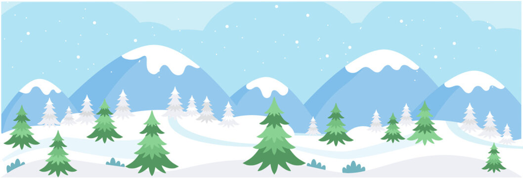 Horizontal banner with winter snowy mountains landscape. Pines on the background of mountains and hills. Winter scene. Christmas background. Vector illustration in flat cartoon style.