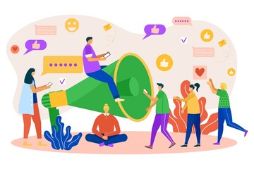Loudspeaker for social media marketing concept, vector illustration. Man woman character go to megaphone, online promotion. Communication by network