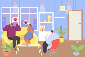 Family psychotherapy session, vector illustration. Man woman couple character at therapy, psychologist talk with patient sitting at couch.