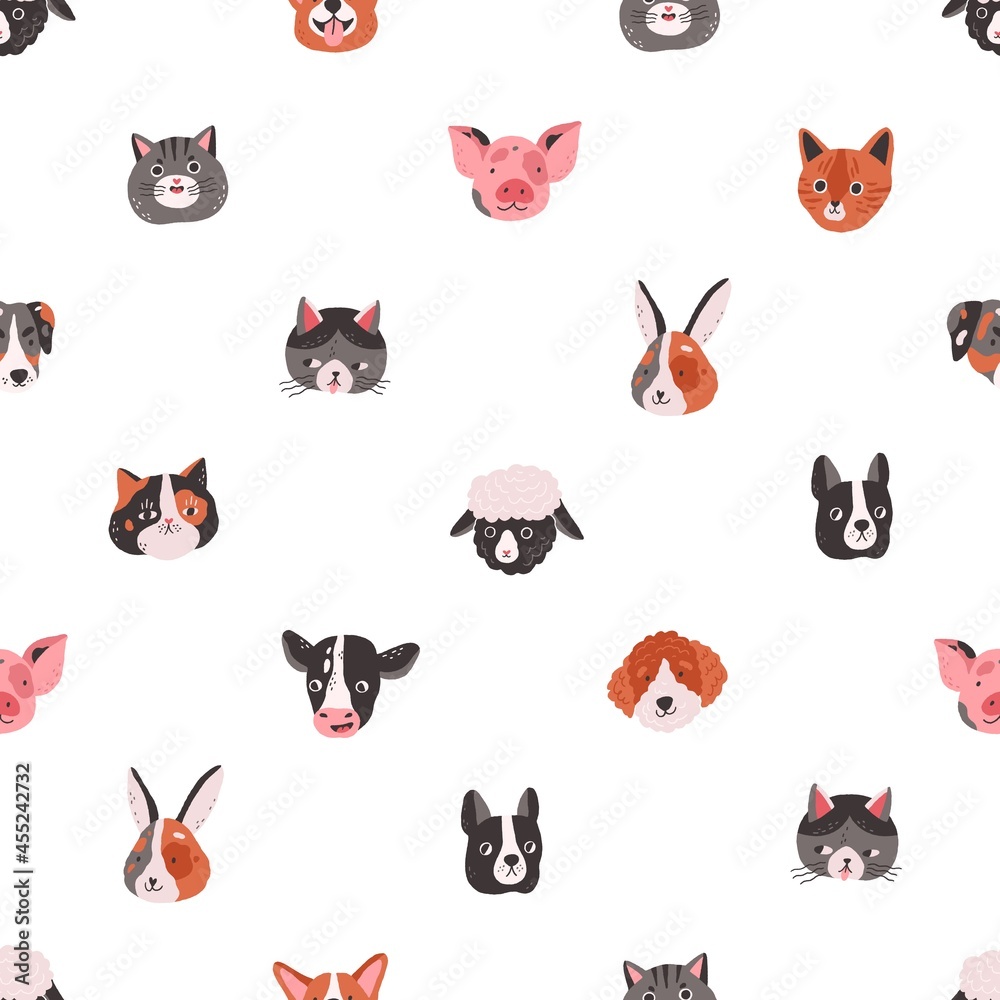 Poster seamless childish pattern with cute animal faces on white background. repeating texture with funny a