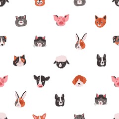 Seamless childish pattern with cute animal faces on white background. Repeating texture with funny amusing heads, muzzles of pets, cats, dogs, cows, pigs and bunnies. Colored flat vector illustration