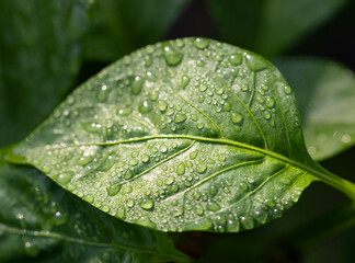 drops of morning dew on a green leaf