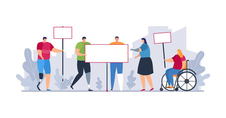 Protest demonstration with flat disabled person, vector illustration. Activist character at wheelchair, woman man with prosthesis.