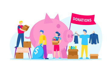 Donate money for volunteer charity, vector illustration. Man woman character make donation by food, clothes, toys near huge piggy bank.