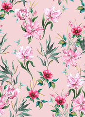 Bright trend fashion beautiful watercolor textile pattern with pink flowers tulips on a light pink background.