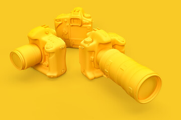 Group of DSLR cameras on yellow background. 3D illustration