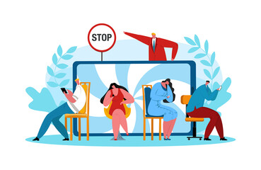 Fototapeta na wymiar Stop internet addiction, vector illustration. People use modern mobile technology, male person stopping man woman character addict to smartphone.