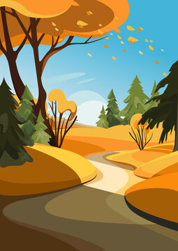 Autumn forest with different trees. Nature landscape in vertical orientation.