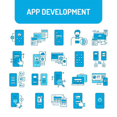 App development color line icons set. Creating and using a mobile application.