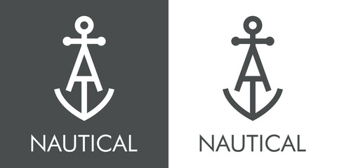 Logotipo con texto Nautical y silueta de ancla de barco con forma de letra inicial A con lineas en fondo gris y fondo blanco © teracreonte