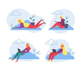 Laptop work with cloud storage, vector illustration. Flat man woman people character working by computer, online technology for business.