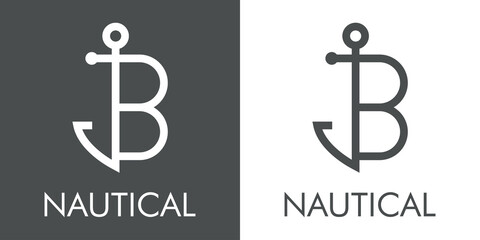 Logotipo con texto Nautical y silueta de ancla de barco con forma de letra inicial B con lineas en fondo gris y fondo blanco