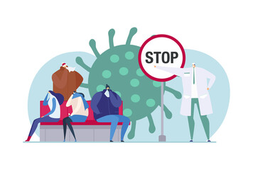 Stop virus infection, vector illustration. Doctor encourage sick people character to prevent disease, flat man woman sit near huge illness bacteria.