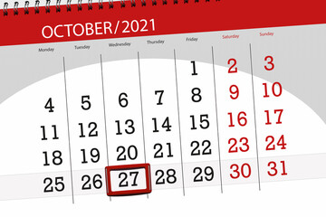 Calendar planner for the month october 2021, deadline day, 27, wednesday