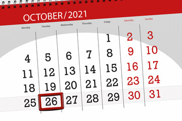 Calendar planner for the month october 2021, deadline day, 26, tuesday