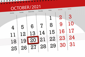 Calendar planner for the month october 2021, deadline day, 20, wednesday