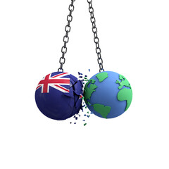 New Zealand flag ball hits planet earth. Environmental impact concept. 3D Render