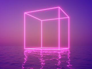 Neon cube in fog - 455244730