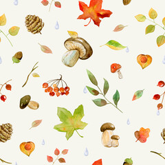 Fall - Seamless watercolor pattern with mushrooms, autumn leaves, branches, berries, and raindrops. Light yellow background.