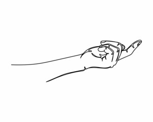 Continuous one line drawing of hand showing finger come on icon in silhouette on a white background. Linear stylized.