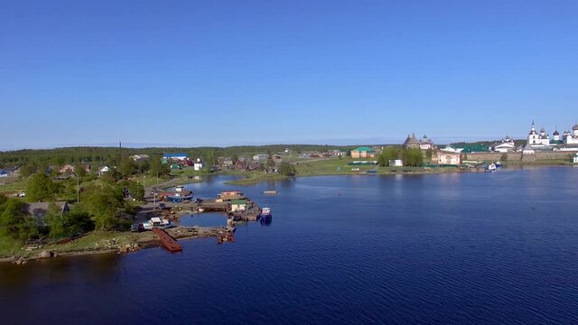 Solovki kremlin Russia aerial drone long panoram, old russian tower on island 4K