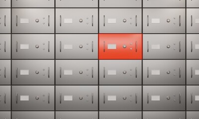 Safety deposit boxes, wall with closed silver doors and one red, front view. Metal individual bank lockers in vault for secure storage valuables, money and documents. Realistic illustration, 3d render