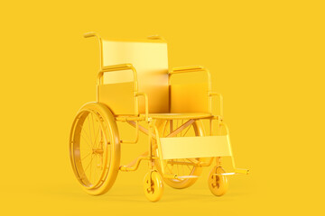 Empty yellow wheelchair on yellow background. 3D illustration