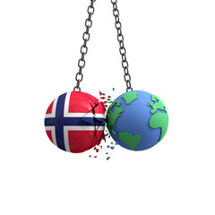 Norway flag ball hits planet earth. Environmental impact concept. 3D Render