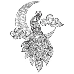 Peacock and moon.Hand drawn sketch illustration for adult coloring book