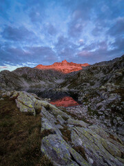 sunrise, sunset, high mountain lake adamello brenta, italy, dolomites