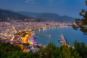 Alanya city scenery by the mediterranean sea at dusk. Turkey