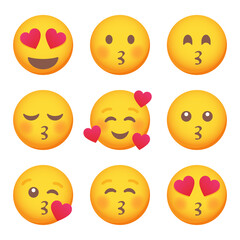 Set of love and kissing emoticon smile icons. Cartoon emoji set. Vector emoticon set