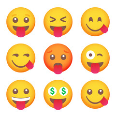 Set of tongue emoticon smile icons. Cartoon emoji set. Vector emoticon set