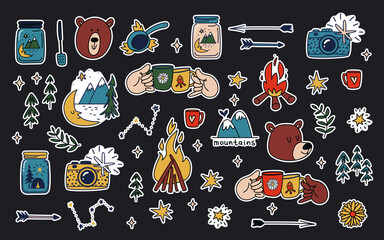 Camping stickers set. Hand drawn collection of colored elements of camping, outdoor recreation with cute bears. Cartoon vector illustration of tourism concept, wild adventures in nature on black.