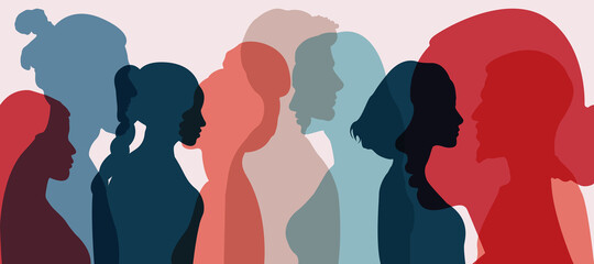 Silhouette group of multiethnic women and man who talk and share ideas and information. Communication and friendship women or girls of diverse cultures. Women social network community. Speak	