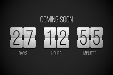 Coming soon flip countdown clock counter timer on a black background - obrazy, fototapety, plakaty