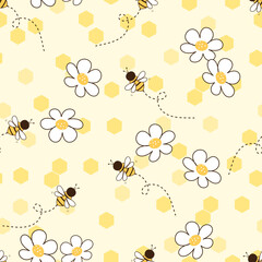 Seamless pattern with daisy flowers and bee cartoons on honey background vector illustration.