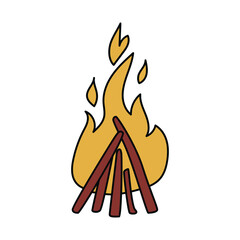 Cartoon bonfire. Yellow burning fire with firewood. Vector stock illustration of a campfire isolated on white background.