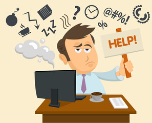 Overworked and tired businessman or office worker sits in a chair. Business stress. Cartoon style vector illustration.