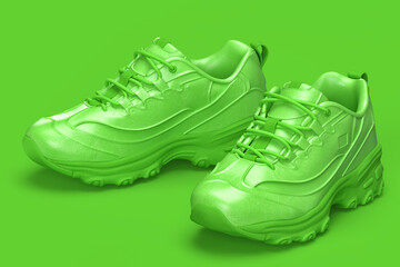 A pair of classy sports shoes on green background. 3D illustration