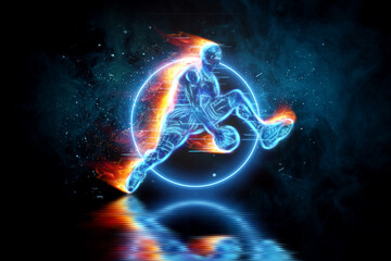 Neon image of a professional basketball player jumping with a ball. Creative collage, sports flyer....