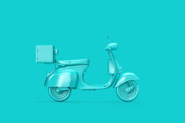 Side view of vintage teal scooter on teal background. 3D Rendering