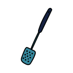 Cartoon slotted spoon. Hand-drawn kitchen skimmer. Vector stock illustration of blue camping utensils isolated on white background.